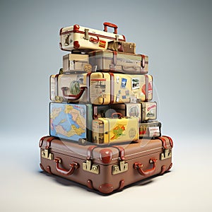 Retro suitcases covered with travel labels time synthesis stick figur Generative AI