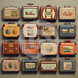 Retro suitcases covered with travel labels time synthesis stick figur Generative AI