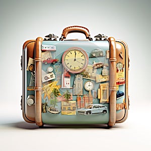Retro suitcases covered with travel labels time synthesis stick figur Generative AI