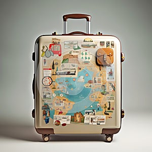 Retro suitcases covered with travel labels time synthesis stick figur Generative AI