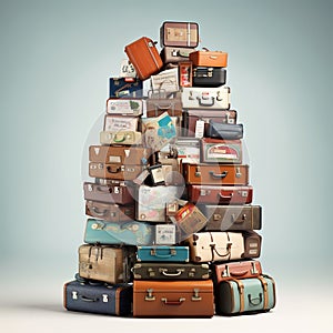 Retro suitcases covered with travel labels time synthesis stick figur Generative AI