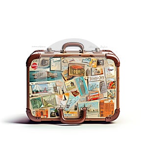 Retro suitcases covered with travel labels time synthesis stick figur Generative AI