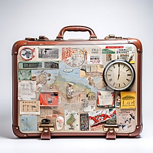 Retro suitcases covered with travel labels time synthesis stick figur Generative AI