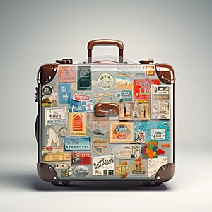 Retro suitcases covered with travel labels time synthesis stick figur Generative AI