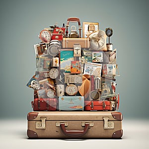 Retro suitcases covered with travel labels time synthesis stick figur Generative AI