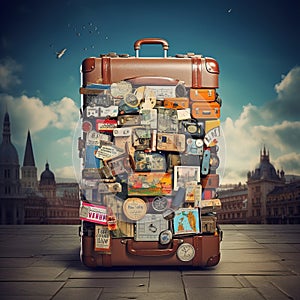 Retro suitcases covered with travel labels time synthesis stick figur Generative AI