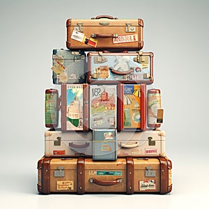 Retro suitcases covered with travel labels time synthesis stick figur Generative AI