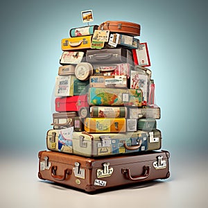 Retro suitcases covered with travel labels time synthesis stick figur Generative AI