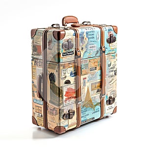 Retro suitcases covered with travel labels time synthesis stick figur Generative AI