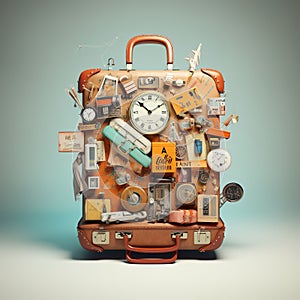 Retro suitcases covered with travel labels time synthesis stick figur Generative AI