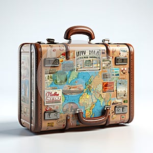 Retro suitcases covered with travel labels time synthesis stick figur Generative AI