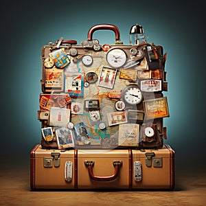 Retro suitcases covered with travel labels time synthesis stick figur Generative AI