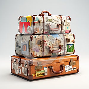 Retro suitcases covered with travel labels time synthesis stick figur Generative AI