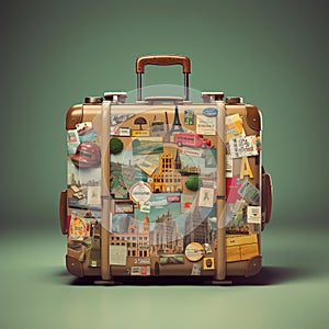 Retro suitcases covered with travel labels time synthesis stick figur Generative AI