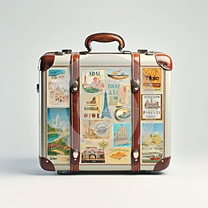 Retro suitcases covered with travel labels time synthesis stick figur Generative AI