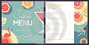 Retro summer restaurant menu design with cocktail, flamingo and beach top view.
