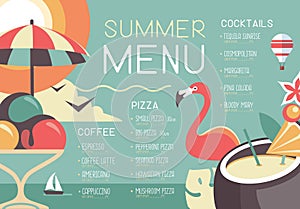 Retro summer restaurant menu design with flamingo, ice cream and pina colada cocktail.