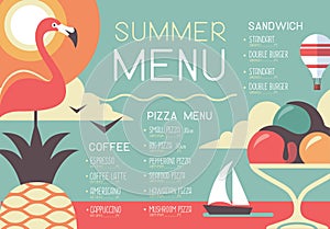 Retro summer restaurant menu design with flamingo, pineapple, ice cream and hot air balloon.
