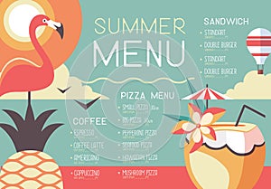 Retro summer restaurant menu design with flamingo, pineapple and pina colada cocktail.