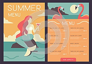 Retro summer restaurant menu design with mermaid and cocktail glass.