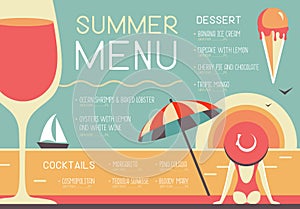 Retro summer restaurant menu design with wine glass, beach umbrella, ice cream and woman in hat.