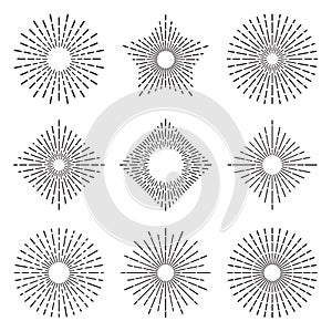 Retro sunburst. Elegant radiant sun rays lines. Vintage sunshine bursting circles, burst line abstract vector set