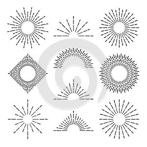 Retro sunburst rays. Radiant sunset or sunrise burst light lines. Abstract hand drawn sunsets vector symbols set