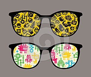 Retro sunglasses with robot pattern reflection.
