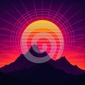 Retro Sunset Over Mountains AI-GENERATED