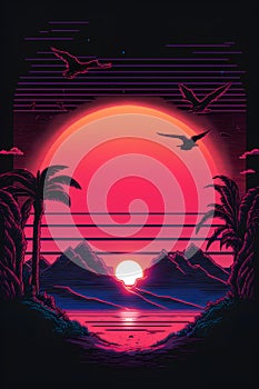 Retro sunset with palm trees, sun and seagulls. Vector illustration.