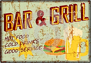 Retro super grungy old bar and grill diner sign, american vintage style vector