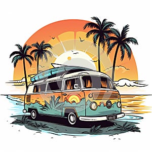 Retro surf van carrying surfboards at the beach palm trees sunset Generative AI