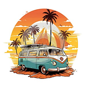 Retro surf van carrying surfboards at the beach palm trees sunset Generative AI