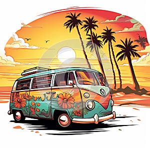 Retro surf van carrying surfboards at the beach palm trees sunset Generative AI