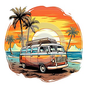Retro surf van carrying surfboards at the beach palm trees sunset Generative AI