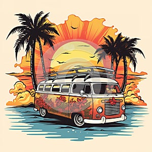 Retro surf van carrying surfboards at the beach palm trees sunset Generative AI