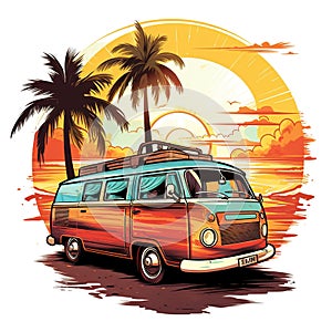 Retro surf van carrying surfboards at the beach palm trees sunset Generative AI