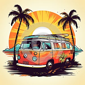 Retro surf van carrying surfboards at the beach palm trees sunset Generative AI