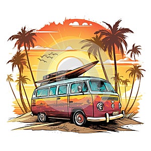 Retro surf van carrying surfboards at the beach palm trees sunset Generative AI