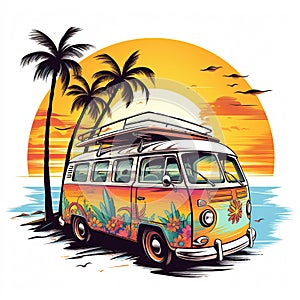 Retro surf van carrying surfboards at the beach palm trees sunset Generative AI