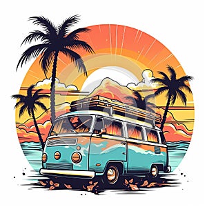 Retro surf van carrying surfboards at the beach palm trees sunset Generative AI