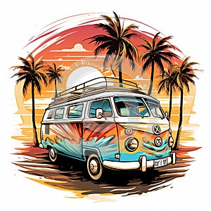 Retro surf van carrying surfboards at the beach palm trees sunset Generative AI