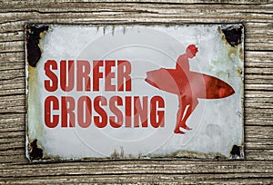 Retro Surfer Crossing Sign On Wooden Background