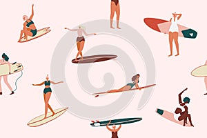 Retro Surfing seamless pattern in vector. Surf girls character in swimsuit with a shortboard and Longboard.