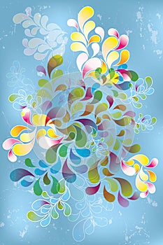 Retro swirls in rainbow colors in different opacity on light blue shining background