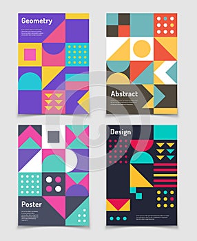 Retro swiss graphic posters with geometric bauhaus shapes. Vector abstract backgrounds in old modernism style. Vintage photo