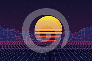 Retro synth game abstract background, futuristic night wave. 80s sun and mountain shapes, vintage 1990s planet, yellow