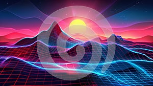 Retro synthwave background with wireframe geometric hills and neon pink sunset. Abstract wireframe geometric hills