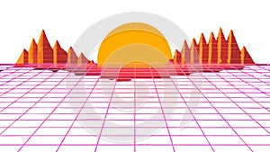 Retro Synthwave Sunset Landscape Vector with Palm Trees and Grid, vector design Generative AI