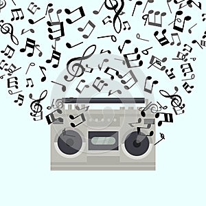 Retro tape recorder or player vector illustration. Retro music stereo cassete recorder symbol style 80-90s with musical